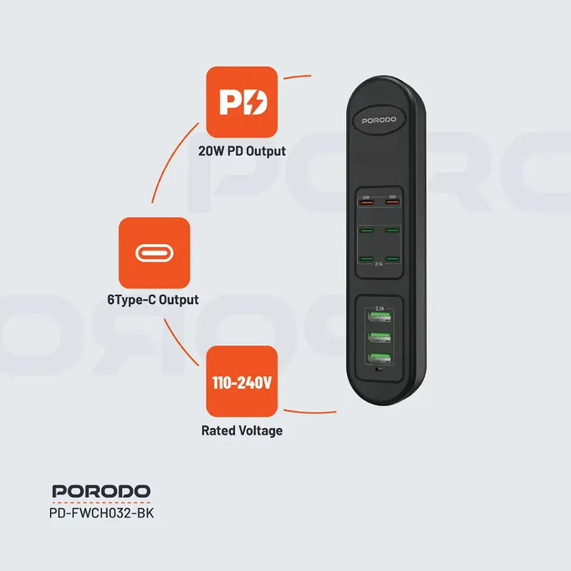 Porodo 50W Multi-Port USB Charging HUB - Black [O] - موزع شحن  - 9 منافذ للشحن السريع - قوة 50 واط - كفالة 24 شهر