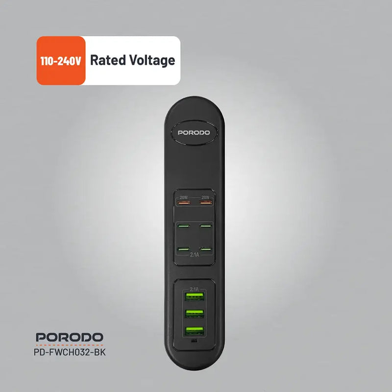 Porodo 50W Multi-Port USB Charging HUB - Black [O] - موزع شحن  - 9 منافذ للشحن السريع - قوة 50 واط - كفالة 24 شهر