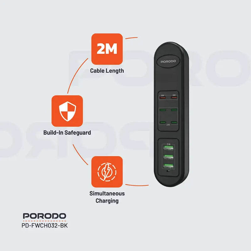 Porodo 50W Multi-Port USB Charging HUB - Black [O] - موزع شحن  - 9 منافذ للشحن السريع - قوة 50 واط - كفالة 24 شهر