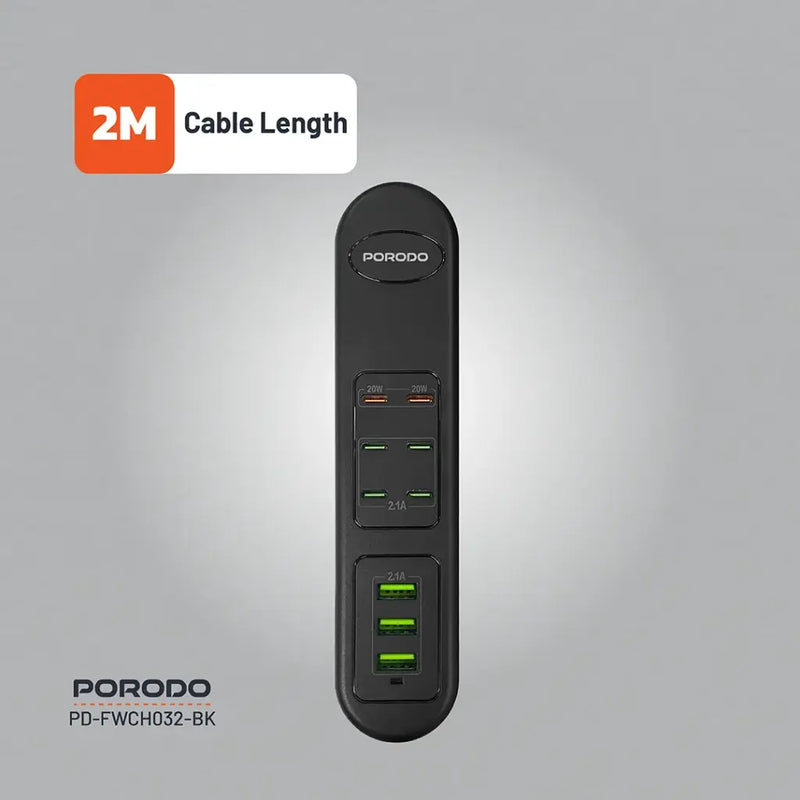 Porodo 50W Multi-Port USB Charging HUB - Black [O] - موزع شحن  - 9 منافذ للشحن السريع - قوة 50 واط - كفالة 24 شهر