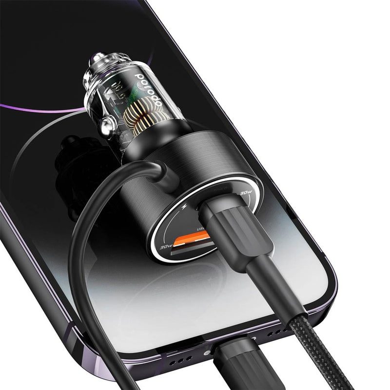 Porodo 60W Transparent Dual Port Car Charger PD 30W QC 18W with Coil- Black - [O] - شاحن ولاعة مع كيبل تايب سي - برودو  - منفذ يو اس بي + تايب سي - كفالة 12 شهر