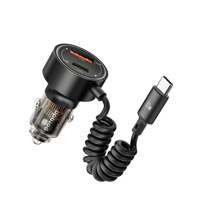 Porodo 60W Transparent Dual Port Car Charger PD 30W QC 18W with Coil- Black - [O] - شاحن ولاعة مع كيبل تايب سي - برودو  - منفذ يو اس بي + تايب سي - كفالة 12 شهر