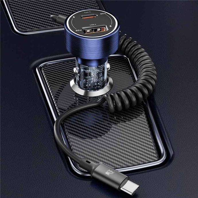 Porodo 60W Transparent Dual Port Car Charger PD 30W QC 18W with Coil- Blue- [O] - شاحن ولاعة مع كيبل تايب سي - برودو  - منفذ يو اس بي + تايب سي - كفالة 12 شهر