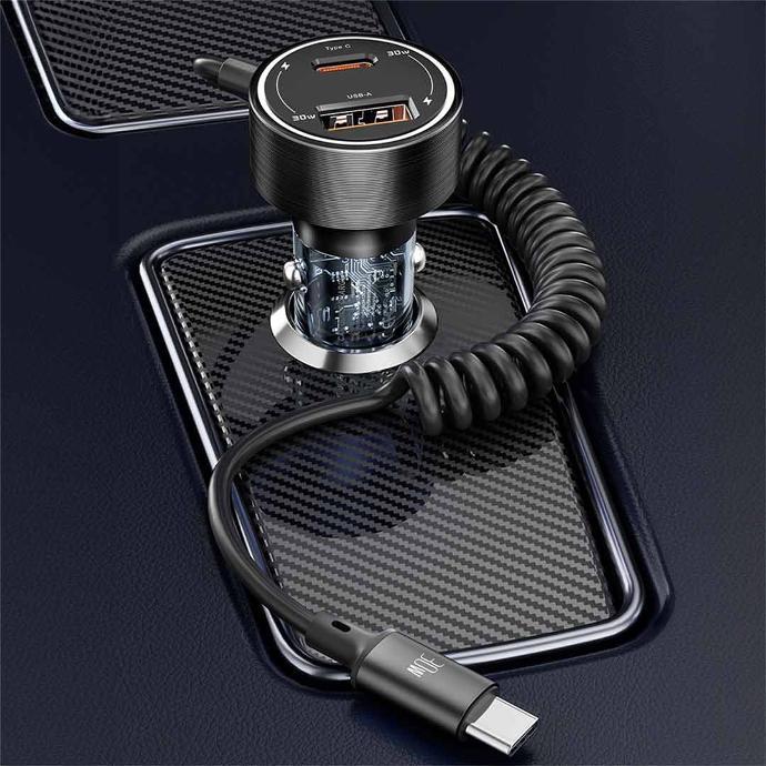 Porodo 60W Transparent Dual Port Car Charger PD 30W QC 18W with Coil- Black - [O] - شاحن ولاعة مع كيبل تايب سي - برودو  - منفذ يو اس بي + تايب سي - كفالة 12 شهر