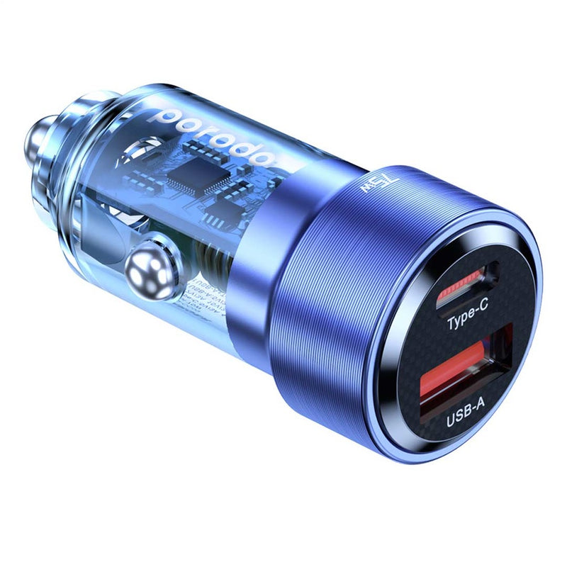 Porodo 75W Transparent Dual Port Car Charger PD 45W QC 30W - Blue [O] - شاحن ولاعة - برودو  - منفذ يو اس بي + تايب سي  - كفالة 12 شهر