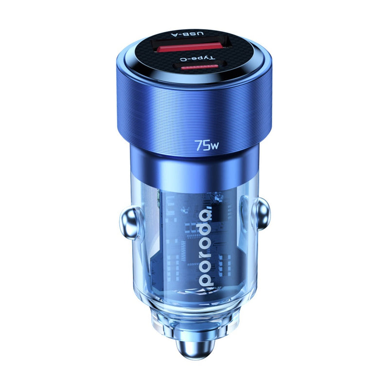 Porodo 75W Transparent Dual Port Car Charger PD 45W QC 30W - Blue [O] - شاحن ولاعة - برودو  - منفذ يو اس بي + تايب سي  - كفالة 12 شهر