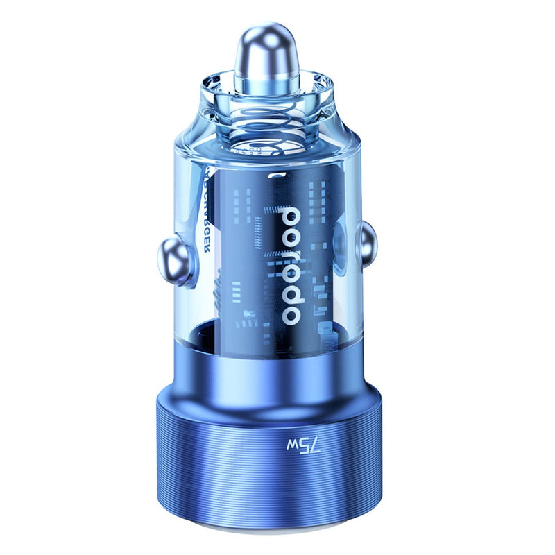 Porodo 75W Transparent Dual Port Car Charger PD 45W QC 30W - Blue [O] - شاحن ولاعة - برودو  - منفذ يو اس بي + تايب سي  - كفالة 12 شهر