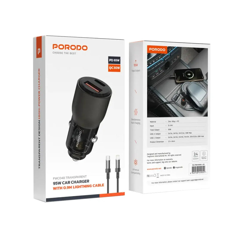 Porodo 95W Car Charger Transparent With 0.9M Lightning Cable - Black -شاحن ولاعه للسيارة + سلك شحن 2 في 1 - ايفون + تايب سي - برودو  - اسود - كفالة 24 شهر