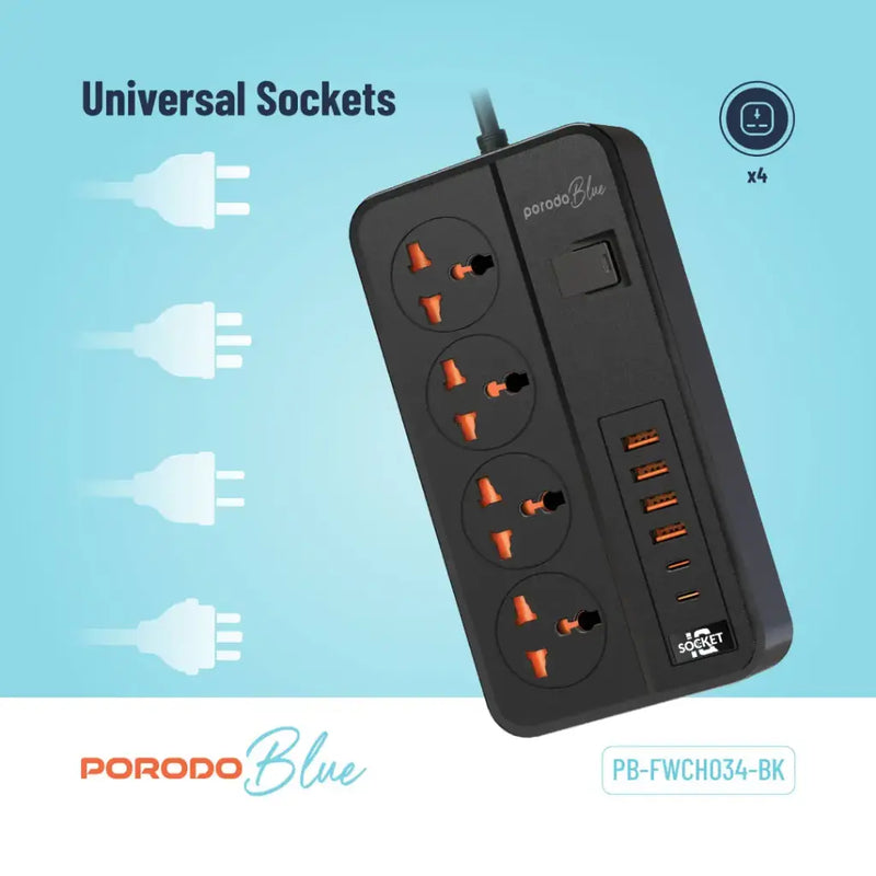 Porodo Blue 4 AC Power Strip - Black - موزع شاحن حائط - 4 فتحات للكهرباء - 2 فتحات يو اس بي - 4 فتحة تايب سي - طول 3 متر - 10 في 1 - كفالة 12 شهر