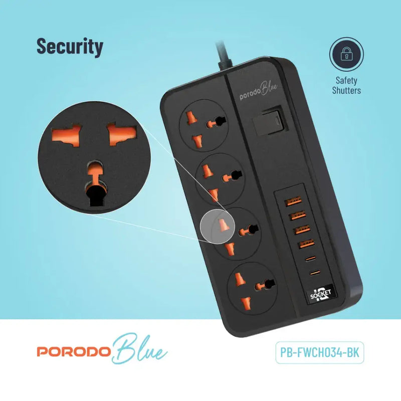 Porodo Blue 4 AC Power Strip - Black - موزع شاحن حائط - 4 فتحات للكهرباء - 2 فتحات يو اس بي - 4 فتحة تايب سي - طول 3 متر - 10 في 1 - كفالة 12 شهر