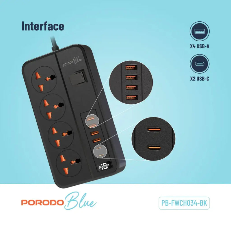 Porodo Blue 4 AC Power Strip - Black - موزع شاحن حائط - 4 فتحات للكهرباء - 2 فتحات يو اس بي - 4 فتحة تايب سي - طول 3 متر - 10 في 1 - كفالة 12 شهر