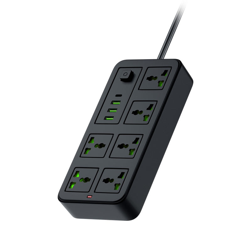 Porodo Blue 6 Universal Sockets Power Strip 3m - Black - موزع شاحن حائط - 6 فتحات للكهرباء - 3 فتحات يو اس بي - 1 فتحة تايب سي - طول 3 متر -  9 في 1 - كفالة 24 شهر