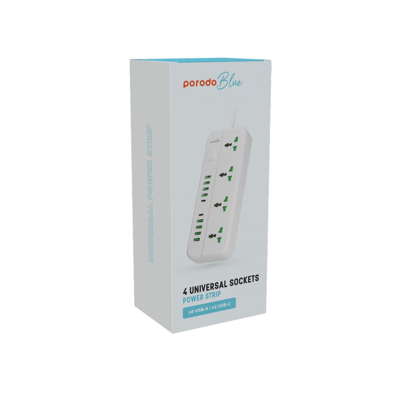 Porodo Blue 4 Universal Sockets Power Strip - White - موزع شاحن حائط - 4 فتحات للكهرباء - 8 فتحات يو اس بي - 2 فتحة تايب سي -  14 في 1 - كفالة 12 شهر