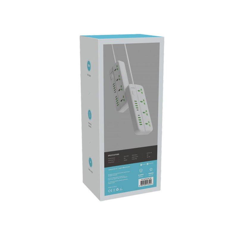 Porodo Blue 4 Universal Sockets Power Strip - White - موزع شاحن حائط - 4 فتحات للكهرباء - 8 فتحات يو اس بي - 2 فتحة تايب سي -  14 في 1 - كفالة 12 شهر