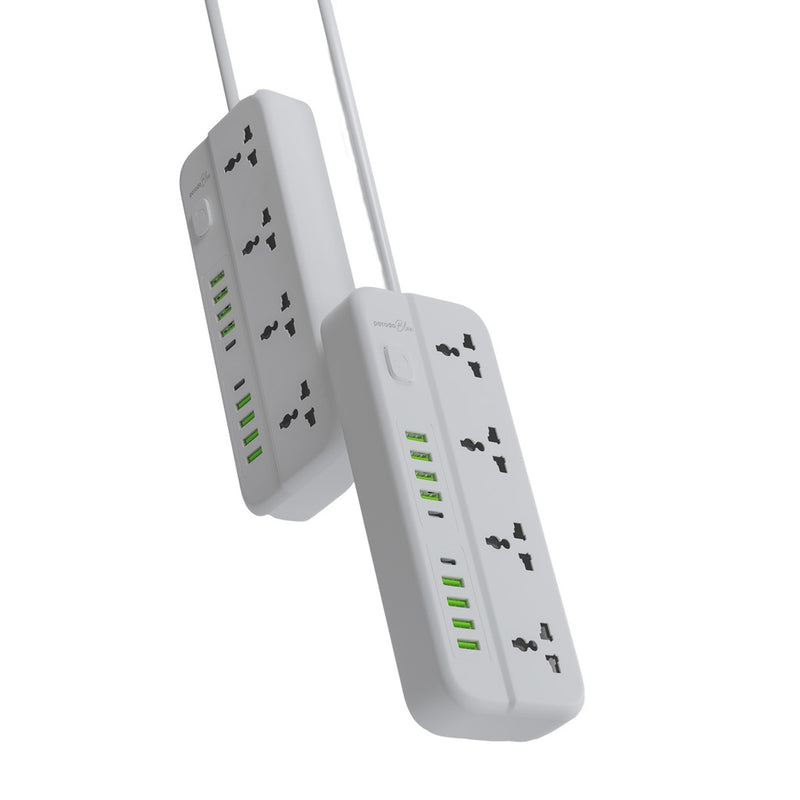 Porodo Blue 4 Universal Sockets Power Strip - White - موزع شاحن حائط - 4 فتحات للكهرباء - 8 فتحات يو اس بي - 2 فتحة تايب سي -  14 في 1 - كفالة 12 شهر