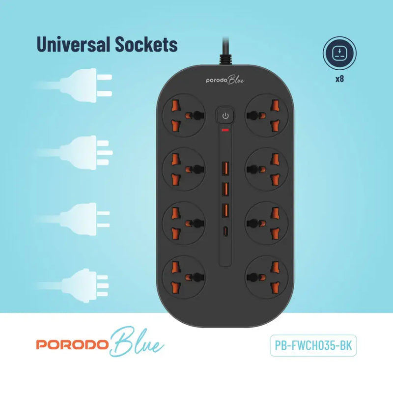 Porodo Blue 8 AC Power Strip - Black  - موزع شاحن حائط - 8 فتحات للكهرباء - 3 فتحات يو اس بي - 1 فتحة تايب سي - طول 3 متر - 12 في 1 - كفالة 12 شهر