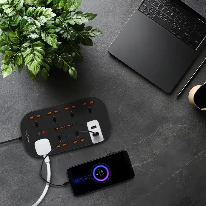 Porodo Blue 8 AC Power Strip - Black  - موزع شاحن حائط - 8 فتحات للكهرباء - 3 فتحات يو اس بي - 1 فتحة تايب سي - طول 3 متر - 12 في 1 - كفالة 12 شهر