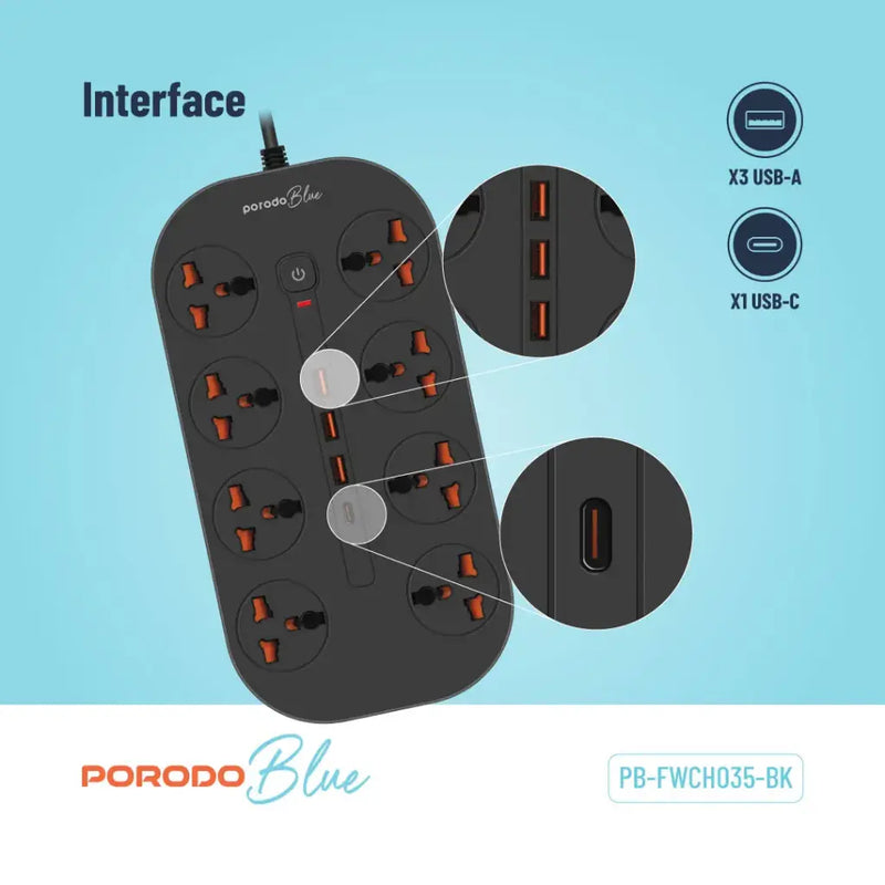 Porodo Blue 8 AC Power Strip - Black  - موزع شاحن حائط - 8 فتحات للكهرباء - 3 فتحات يو اس بي - 1 فتحة تايب سي - طول 3 متر - 12 في 1 - كفالة 12 شهر