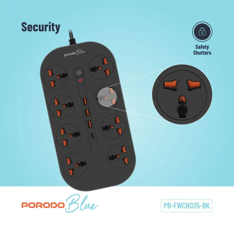 Porodo Blue 8 AC Power Strip - Black  - موزع شاحن حائط - 8 فتحات للكهرباء - 3 فتحات يو اس بي - 1 فتحة تايب سي - طول 3 متر - 12 في 1 - كفالة 12 شهر