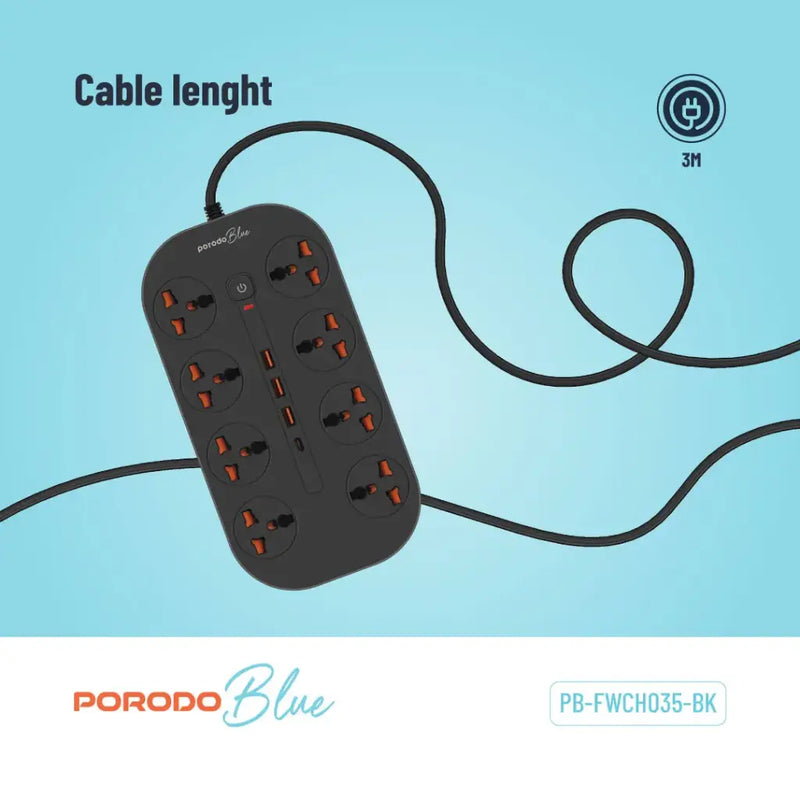 Porodo Blue 8 AC Power Strip - Black  - موزع شاحن حائط - 8 فتحات للكهرباء - 3 فتحات يو اس بي - 1 فتحة تايب سي - طول 3 متر - 12 في 1 - كفالة 12 شهر