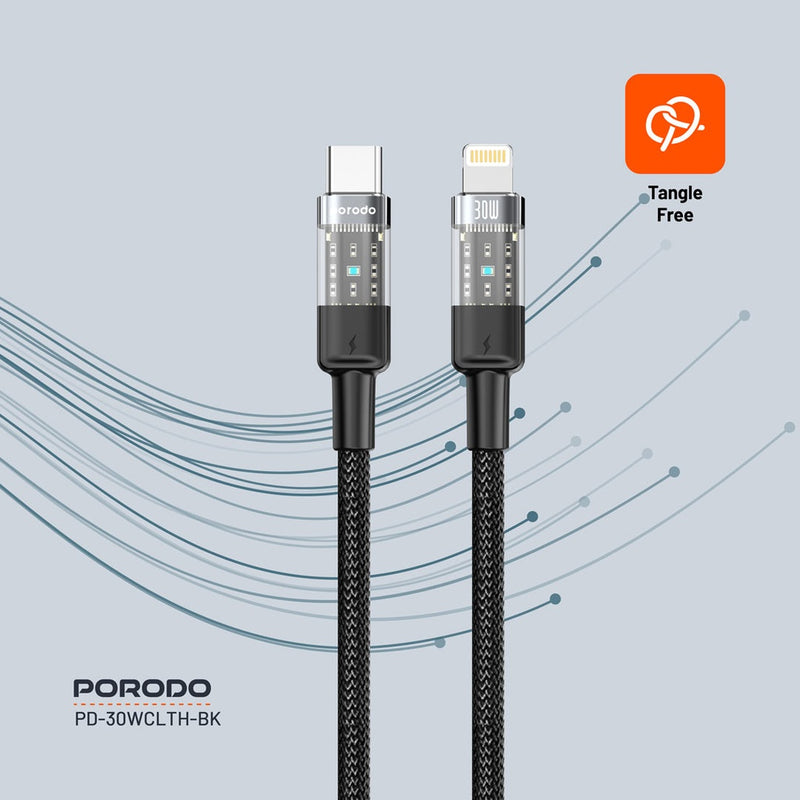 Porodo Braided 30W PD C to Lightning Fast Charging Cable with Transparent Head 1.2M - سلك شحن - برودو - ايفون تايب سي - طول 1.2 متر - كفالة 12 شهر