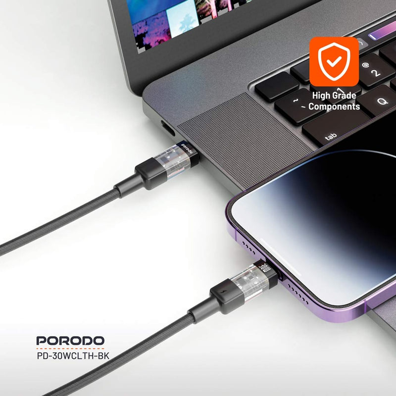 Porodo Braided 30W PD C to Lightning Fast Charging Cable with Transparent Head 1.2M - سلك شحن - برودو - ايفون تايب سي - طول 1.2 متر - كفالة 12 شهر