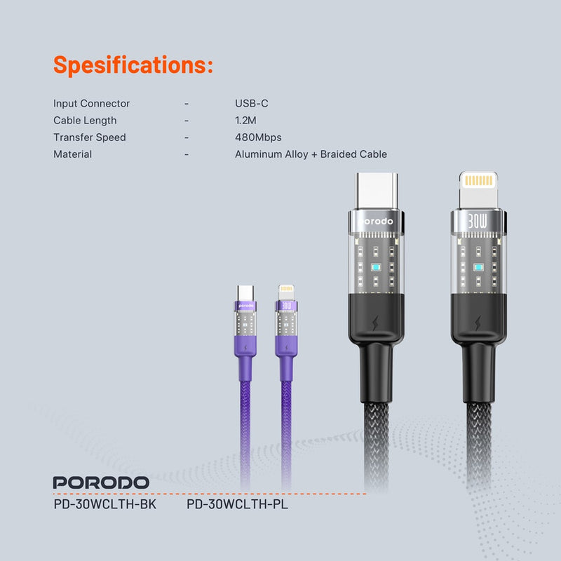 Porodo Braided 30W PD C to Lightning Fast Charging Cable with Transparent Head 1.2M - سلك شحن - برودو - ايفون تايب سي - طول 1.2 متر - كفالة 12 شهر