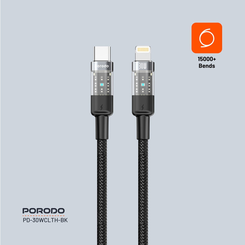 Porodo Braided 30W PD C to Lightning Fast Charging Cable with Transparent Head 1.2M - سلك شحن - برودو - ايفون تايب سي - طول 1.2 متر - كفالة 12 شهر