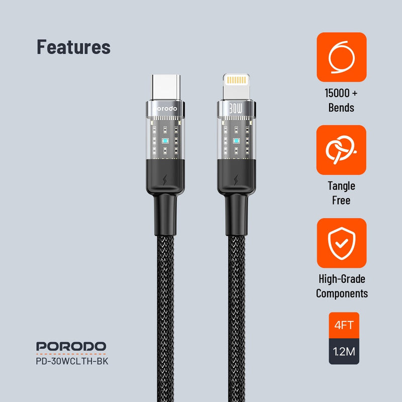 Porodo Braided 30W PD C to Lightning Fast Charging Cable with Transparent Head 1.2M - سلك شحن - برودو - ايفون تايب سي - طول 1.2 متر - كفالة 12 شهر