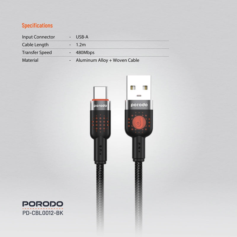 Porodo Braided Cable USB-A to USB-C - سلك شحن - برودو - تايب سي - طول 1.2 متر - كفالة 12 شهر