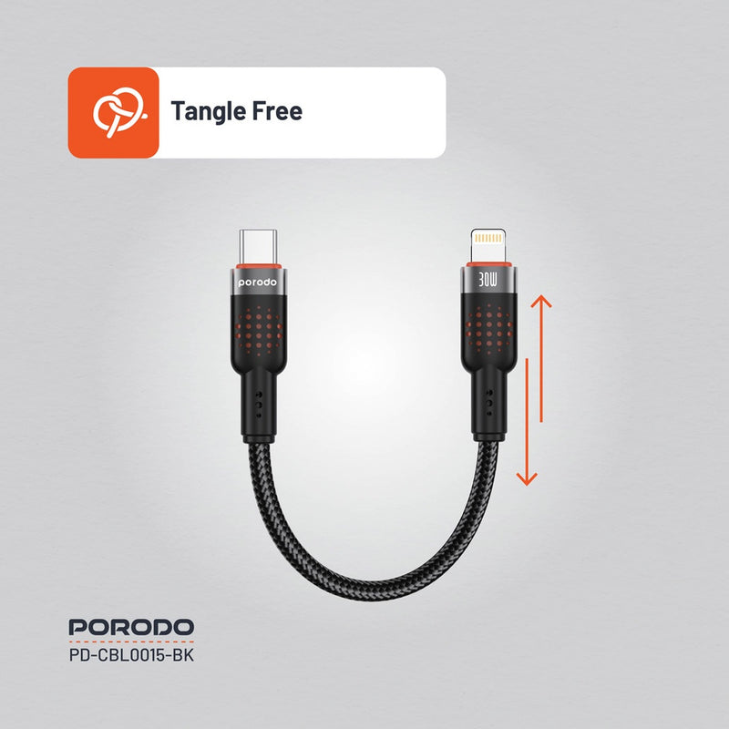 Porodo Braided Cable USB-C to Lightning Tie 25cm - Black - سلك شحن - بورودو - تايب سي الي ايفون - طول 25 سم - كفالة 24 شهر