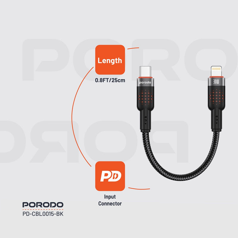 Porodo Braided Cable USB-C to Lightning Tie 25cm - Black - سلك شحن - بورودو - تايب سي الي ايفون - طول 25 سم - كفالة 24 شهر