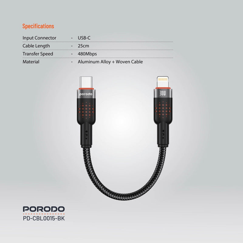 Porodo Braided Cable USB-C to Lightning Tie 25cm - Black - سلك شحن - بورودو - تايب سي الي ايفون - طول 25 سم - كفالة 24 شهر