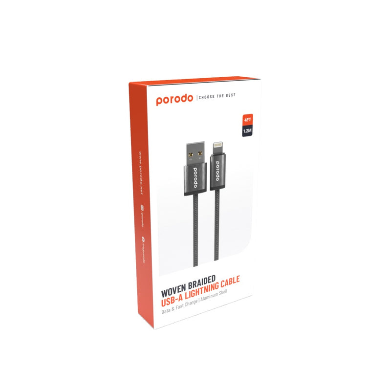 Porodo Woven 2.4A USB A to Lightning Cable 1.2M - Black - [O] - سلك شحن - برودو - يو اس بي ايفون - كفالة 12 شهر