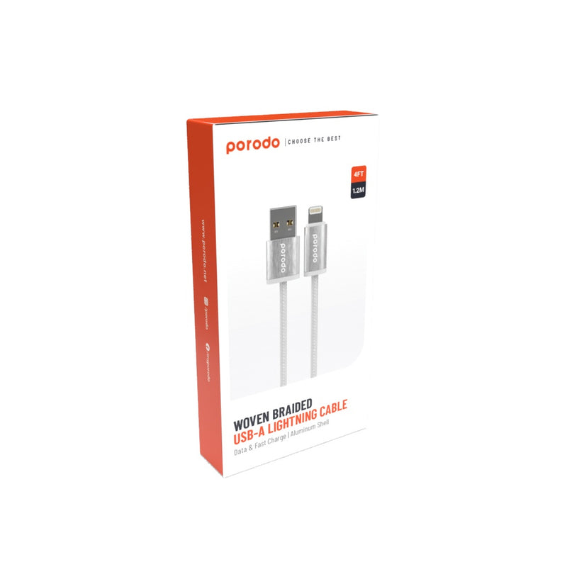 Porodo Woven 2.4A USB A to Lightning Cable 1.2M - White - [O] - سلك شحن - برودو - يو اس بي ايفون - كفالة 12 شهر