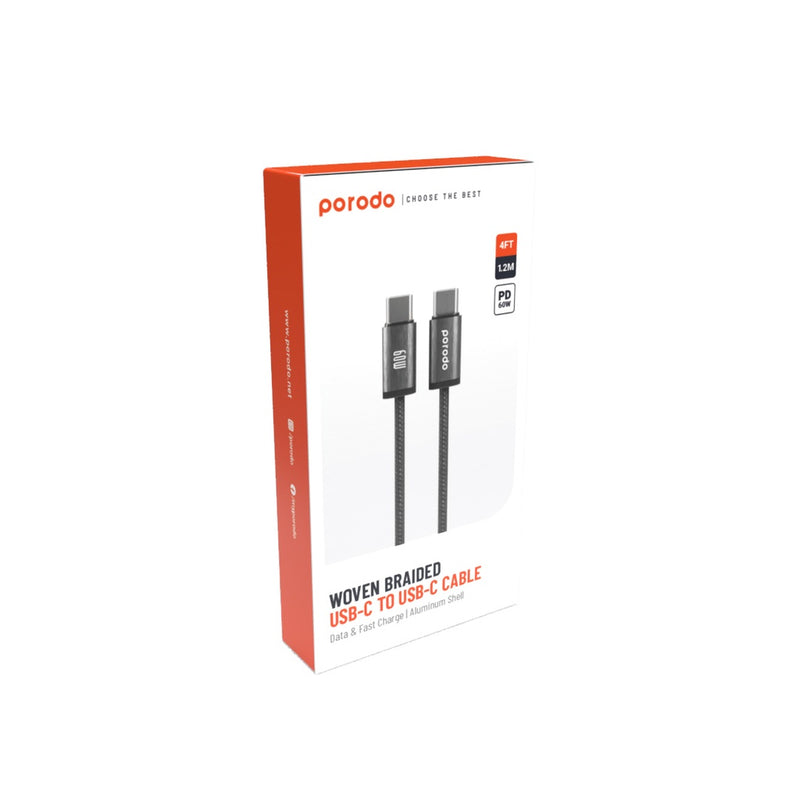 Porodo Woven 60W Type-C to Type-C Cable 1.2M - Black -  سلك شحن - بورودو - تايب سي الي  تايب سي - طول 1.2 متر - كفالة 12 شهر