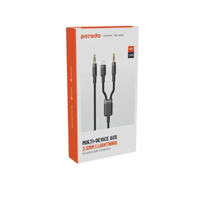Porodo 2in1 Aux 3.5 to 3.5+Lightning Cable 1.2M - Black - كيبل اي يو اكس 2 في 1 - بورودو - كفاله 24 شهر
