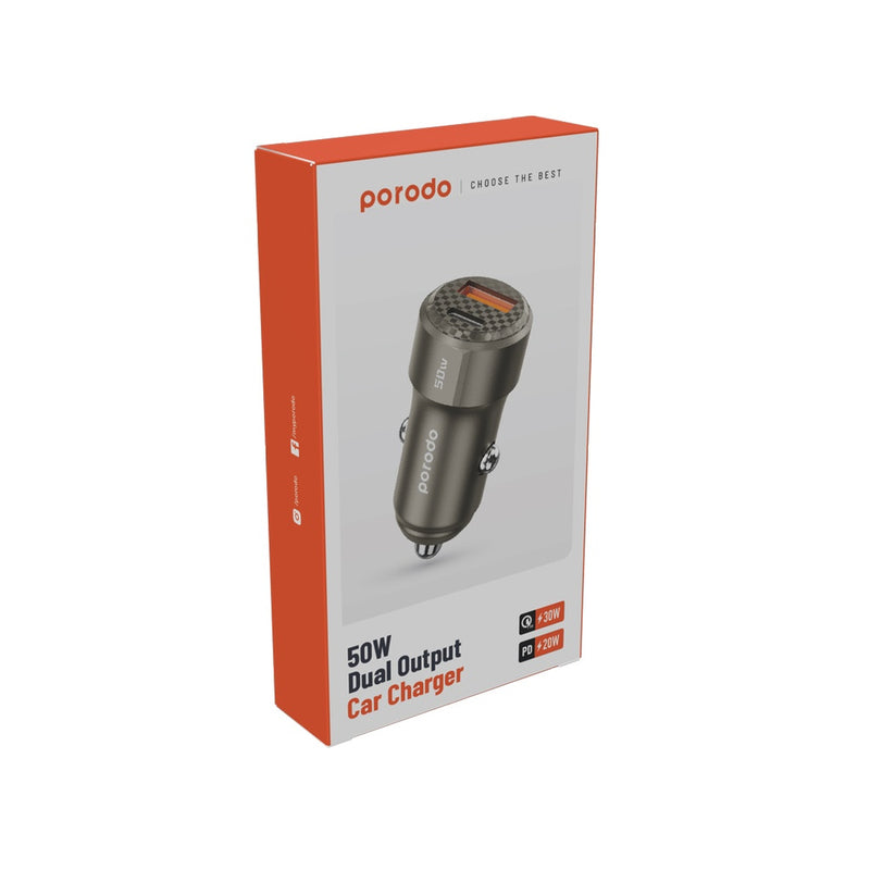 Porodo 50W Dual Port Car Charger PD 20W QC 30W - Titanium [O] شاحن ولاعة - برودو  - منفذ يو اس بي + تايب سي  - كفالة 12 شهر