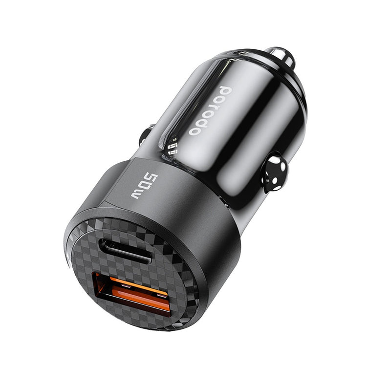 Porodo 50W Dual Port Car Charger PD 20W QC 30W - Black [O] - شاحن ولاعة - برودو  - منفذ يو اس بي + تايب سي  - كفالة 12 شهر