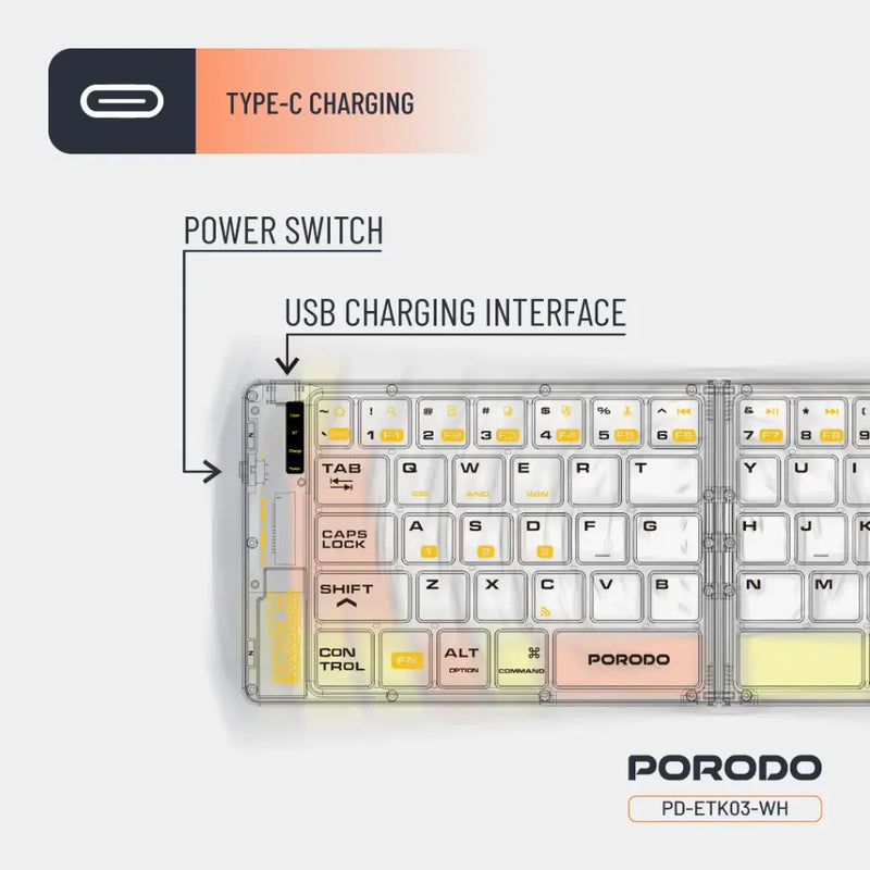 Porodo Crystal Shell Wireless Keyboard - White - كيبورد لوحة مفاتيح - قابلة للطي - اغلاق مغناطيسي - بلوتوث وايرلس - لجميع اجهزة الايباد والتابلت والاجهزة اللوحية