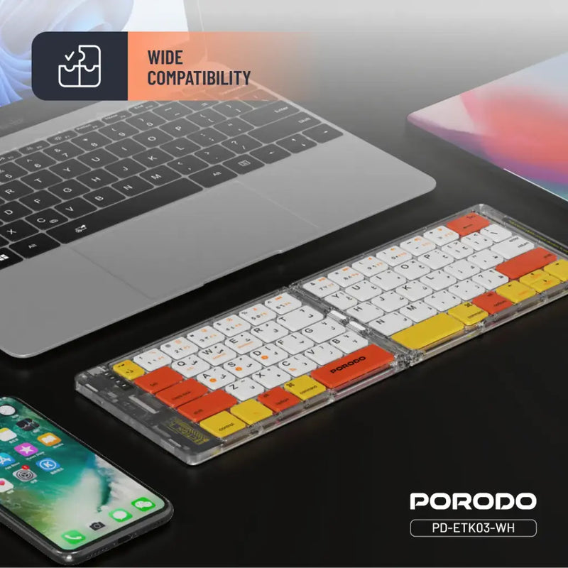 Porodo Crystal Shell Wireless Keyboard - White - كيبورد لوحة مفاتيح - قابلة للطي - اغلاق مغناطيسي - بلوتوث وايرلس - لجميع اجهزة الايباد والتابلت والاجهزة اللوحية