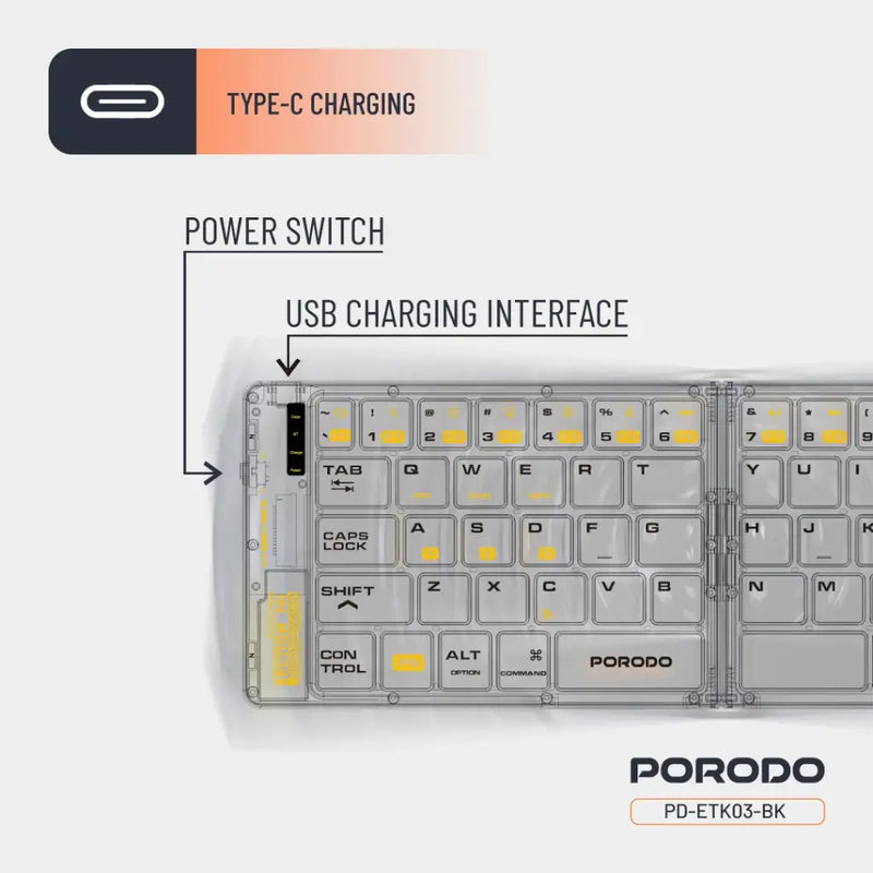 Porodo Crystal Shell Wireless Keyboard - Black - كيبورد لوحة مفاتيح - قابلة للطي - اغلاق مغناطيسي - بلوتوث وايرلس - لجميع اجهزة الايباد والتابلت والاجهزة اللوحية