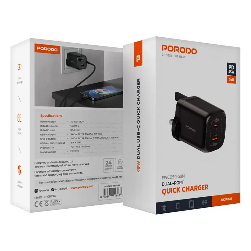 Porodo Dual-Port Quick Charger 45W - Black - بلاك شاحن حائط - فتحتين للشحن 45 واط - بورودو - كفالة 24 شهر