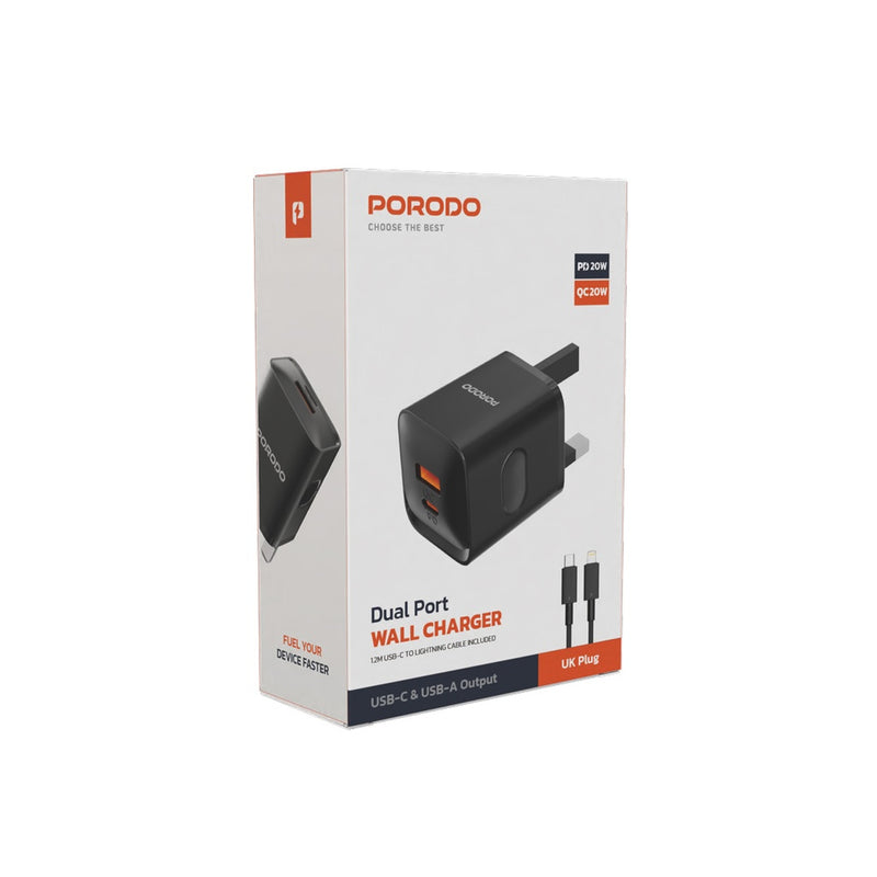 Porodo Dual Port Wall Charger UK with USB-C to Lightning cable - Black - بلاك شاحن حائط + سلك شحن ايفون - فتحتين للشحن - بورودو - كفالة 12 شهر