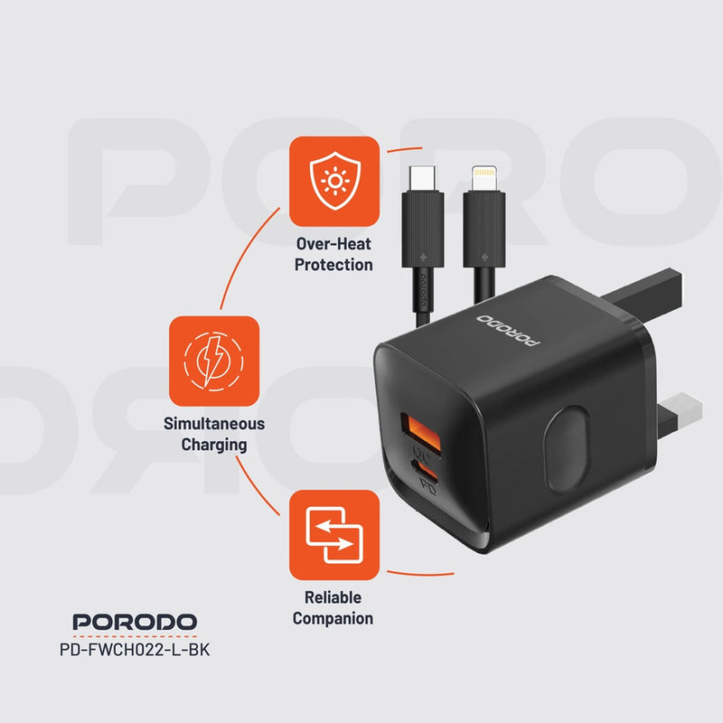 Porodo Dual Port Wall Charger UK with USB-C to Lightning cable - Black - بلاك شاحن حائط + سلك شحن ايفون - فتحتين للشحن - بورودو - كفالة 12 شهر