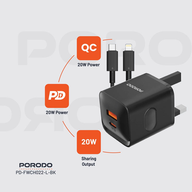 Porodo Dual Port Wall Charger UK with USB-C to Lightning cable - Black - بلاك شاحن حائط + سلك شحن ايفون - فتحتين للشحن - بورودو - كفالة 12 شهر