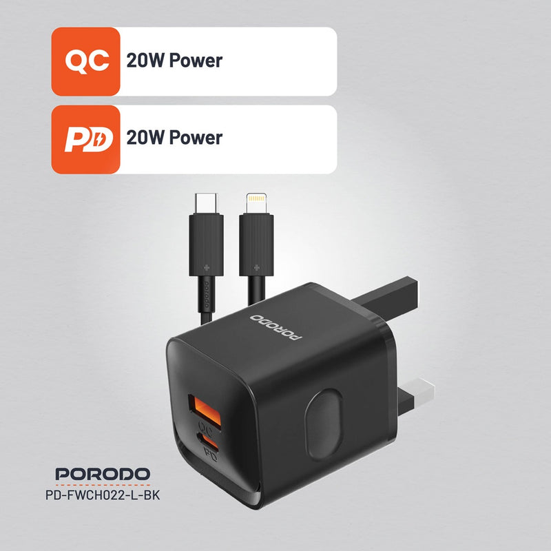 Porodo Dual Port Wall Charger UK with USB-C to Lightning cable - Black - بلاك شاحن حائط + سلك شحن ايفون - فتحتين للشحن - بورودو - كفالة 12 شهر