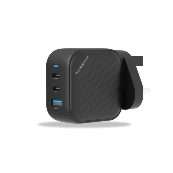 Powerology GaN Ultimate Dual PD Charger 65W - Black - شاحن حائط - باورولوجي - قوة 65 واط - منفذين للشحن السريع تايب سي - ومنفذ للشحن الذكي - كفالة 24 شهر