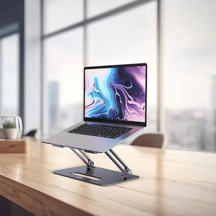 Porodo Alum. alloy Adjustable Laptop Stand with Cooling Fan- Grey [O] - ستاند مكتبي لاب توب / ايباد - بورودو - مروحة للتبريد - امكانية تغيير الارتفاعات والاتجاهات