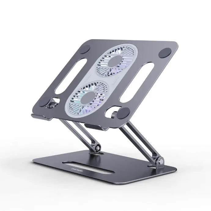 Porodo Alum. alloy Adjustable Laptop Stand with Cooling Fan- Grey [O] - ستاند مكتبي لاب توب / ايباد - بورودو - مروحة للتبريد - امكانية تغيير الارتفاعات والاتجاهات